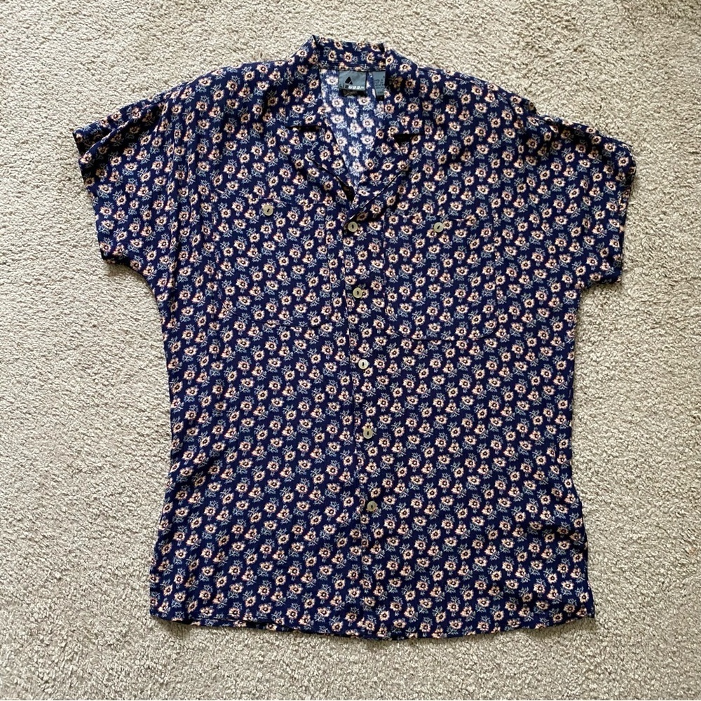 VTG ~ 1990s ~ Lizwear ~ Navy Tunic with Flowers ~ Notched Collar ~ Size S